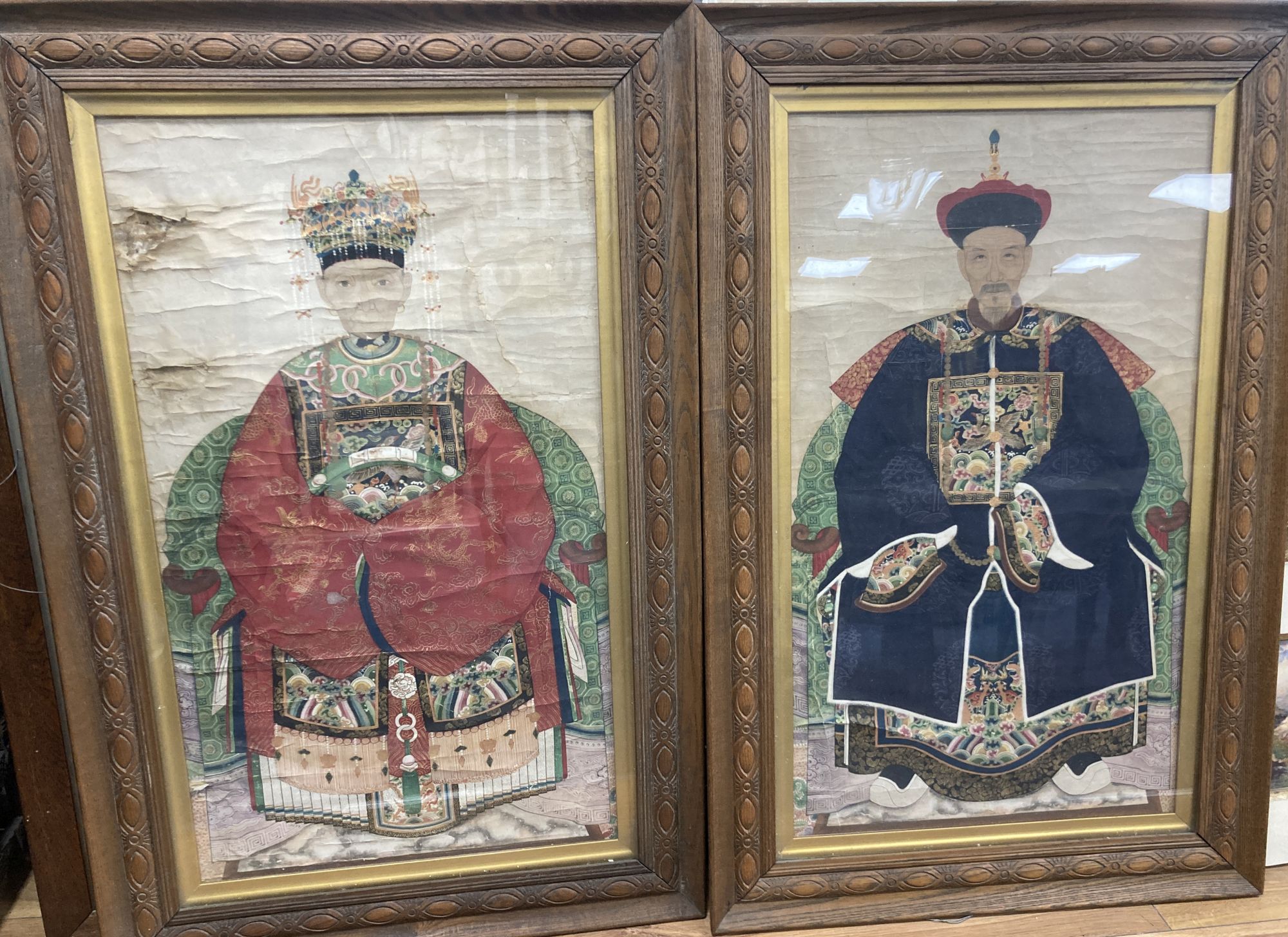 A pair of Chinese painted ancestor portraits, late Qing, 71 x 40cm
